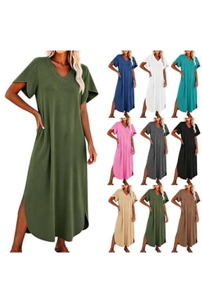 Womens Maxi Dress V Neck Short Flutter Sleeve Casual Flowy Long Dresses with Side Split