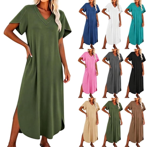 Bxsruta Womens Maxi Dress V Neck Short Flutter Sleeve Casual Flowy Long Dresses with Side Split