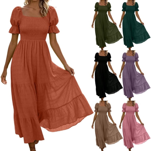 Bxsruta Womens Maxi Dresses Square Neck Puff Sleeve Smocked Flowy Casual Sundress