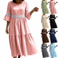 thumbnail image 1 of Bxsruta Womens Midi Dress Casual Bell Sleeve Round Neck Flowy Sundress, 1 of 8