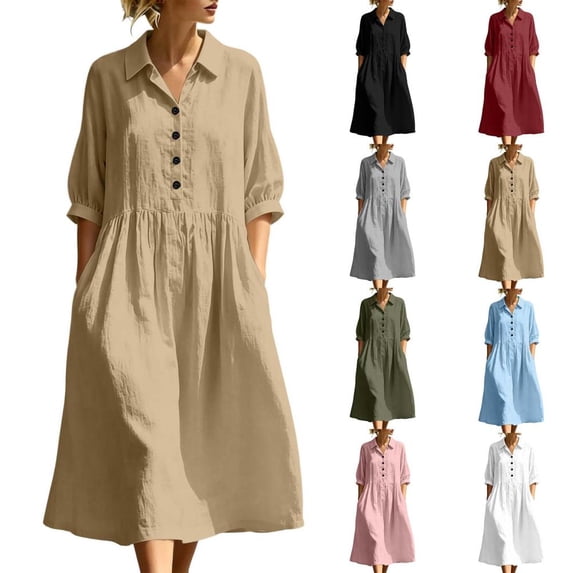 Bxsruta Womens Midi Dress Casual Button Down Shirt Dress 3/4 Sleeve Collared Flowy Dresses