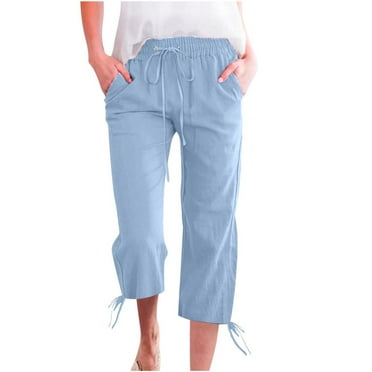 Bxsruta Womens Pants, Fashion Womens Casual Color Elastic Loose Pants Straight Wide Leg Trousers with Pocket, Light Blue L