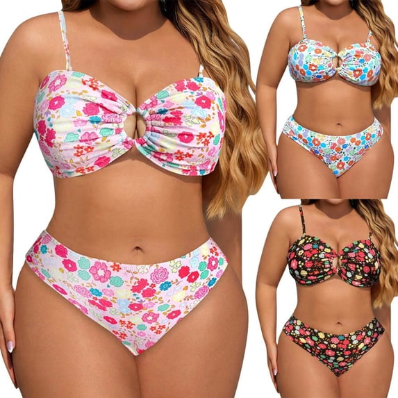 Bxsruta Womens Plus Size Two Piece Swimsuit Floral Print Cutout Strapless Bikini Set Tummy Control Bathing Suits L-5XL