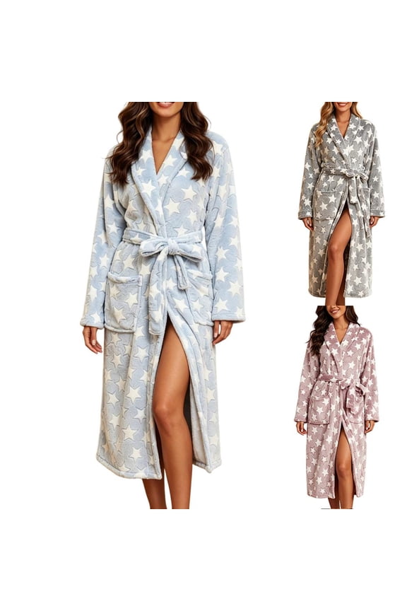 Womens Plush Fleece Bathrobe Star Print Long Sleepwear Housecoat Soft Bath Robe for Relaxing Loungewear