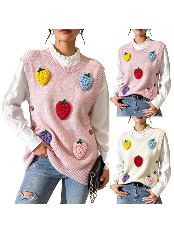 Womens Sleeveless Pullover Sweater Vest Fruit Applique Knit Tank Top