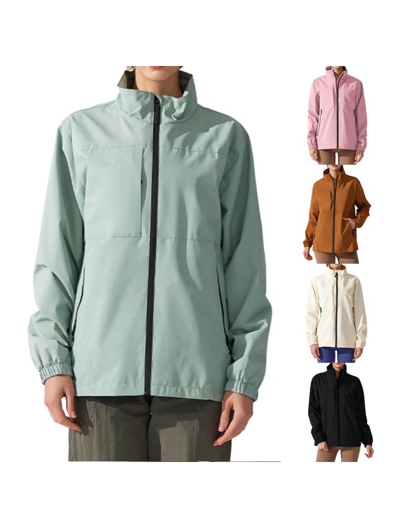Womens Softshell Jacket Full Zip Stand Collar Windbreaker Outdoor Hiking Activewear