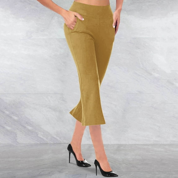 Bxsruta Womens Stretchy Flare Dress Pants with Pockets for Work Business Dress Office Trendy Capri Pants Khaki XXL