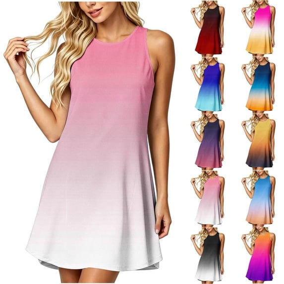 Bxsruta Womens Summer Dress Casual Ombre Tank Dresses Sleeveless Crew Neck Flowy Beach Sundress