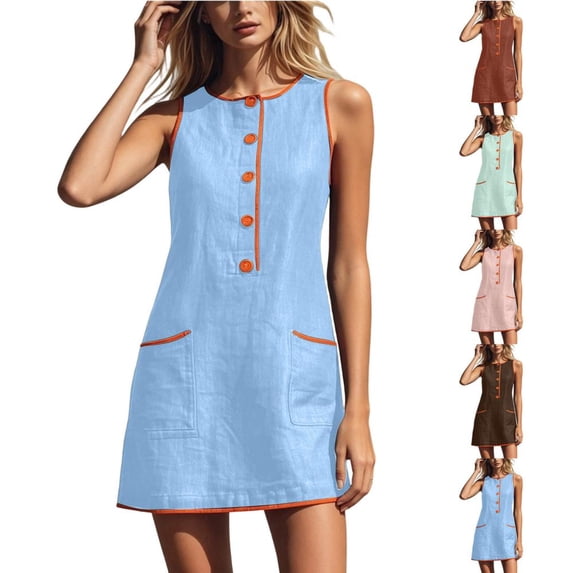 Bxsruta Womens Summer Dress Casual Sleeveless Sundress Button Front Mini Tunic Dresses with Pockets