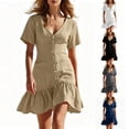 thumbnail image 1 of Bxsruta Womens Summer Dress V Neck Short Sleeve Casual Button Down Ruffle Hem Mini Dresses, 1 of 2