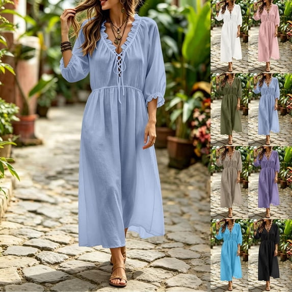 Bxsruta Womens Summer Maxi Dress V Neck Tie Front 3/4 Sleeve Casual Flowy Long Dresses