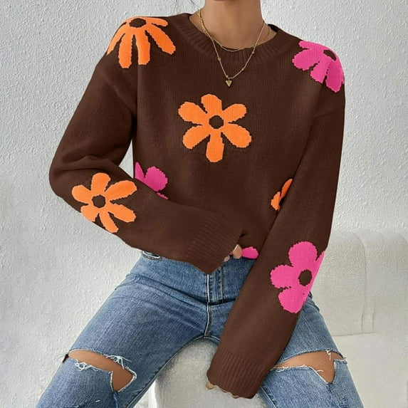 Bxsruta Womens Sweaters, Women's Color Blocked Floral Knit Sweater Loose Long Sleeved Round Neck Pullover Sweater