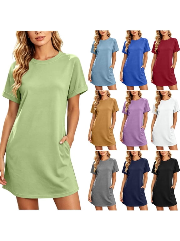 Womens T Shirt Dress Short Sleeve Casual Loose Shift Dresses with Pockets