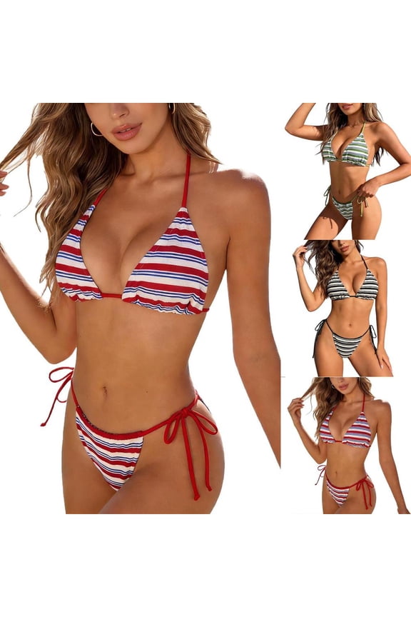 Womens Terry Cloth Bikini Set Adjustable Triangle Halter Two Piece Swimsuit