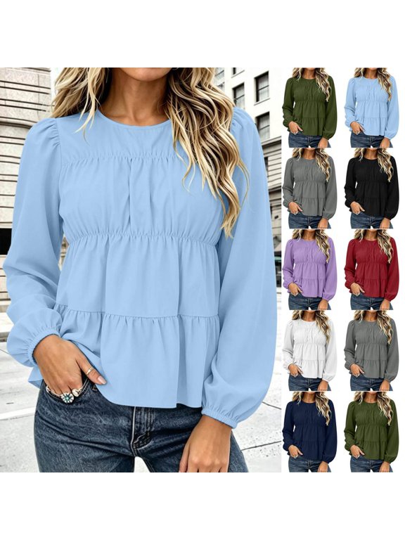 Womens Tops Long Sleeve Crew Neck Layered Tiered Flowy Tunic Blouses