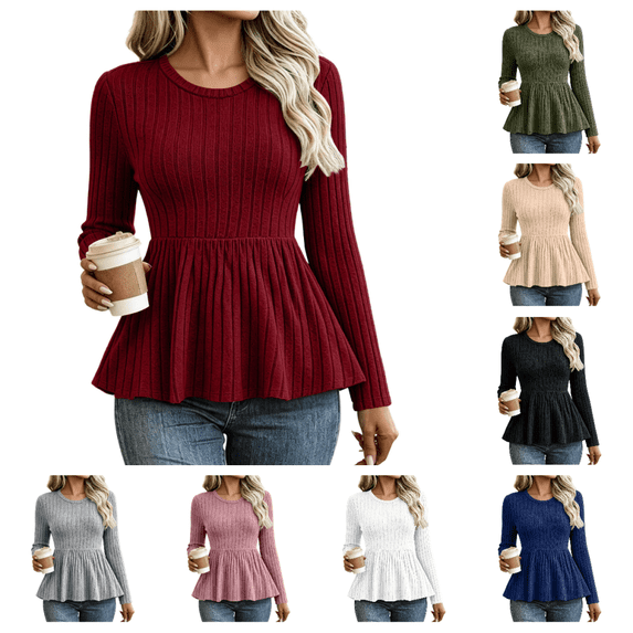 Bxsruta Womens Tops Long Sleeve Crew Neck Shirts Ribbed Knit Peplum Blouses Casual Fitted