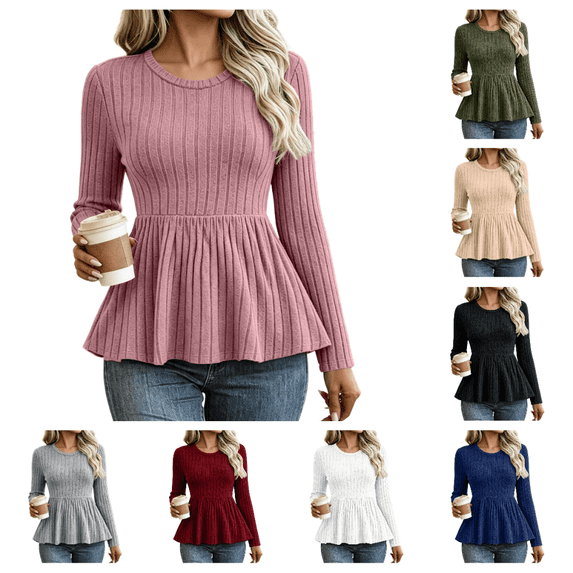 Bxsruta Womens Tops Long Sleeve Crew Neck Shirts Ribbed Knit Peplum Blouses Casual Fitted