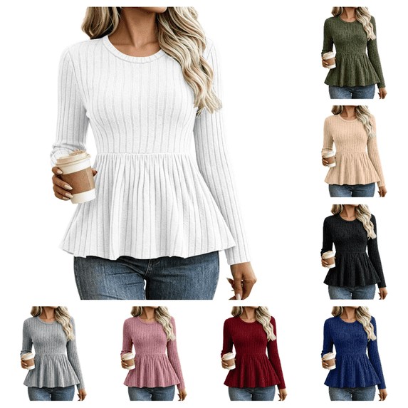 Bxsruta Womens Tops Long Sleeve Crew Neck Shirts Ribbed Knit Peplum Blouses Casual Fitted