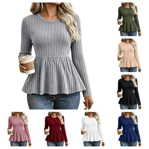 Bxsruta Womens Tops Long Sleeve Crew Neck Shirts Ribbed Knit Peplum Blouses Casual Fitted