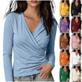 thumbnail image 1 of Bxsruta Womens Wrap Tops Deep V Neck Long Sleeve Shirts Ruched Casual Blouses, 1 of 6