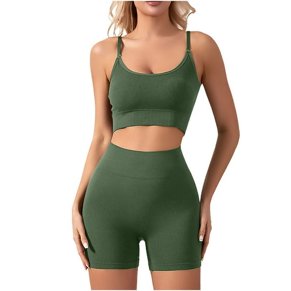 Bxsruta Workout Sets for Women 2 Piece Seamless High Waist Leggings with Sports Bra Exercise Set Green L
