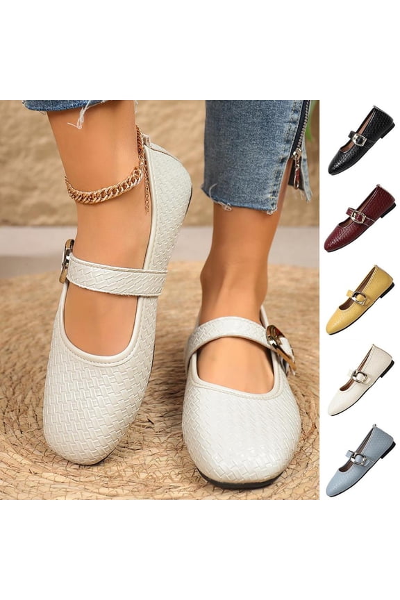 Woven Pu Mary Jane Flats with Buckle Strap Casual Slip on Shoes for Women
