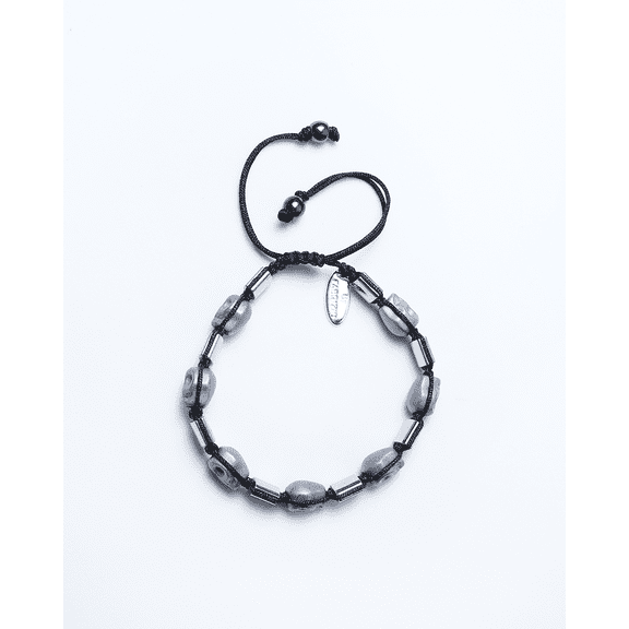 By Fabrizio Design Black Macrame Bracelet in Grey Metallic Skulls with Silver Square Beads and Sphere Beads for Females