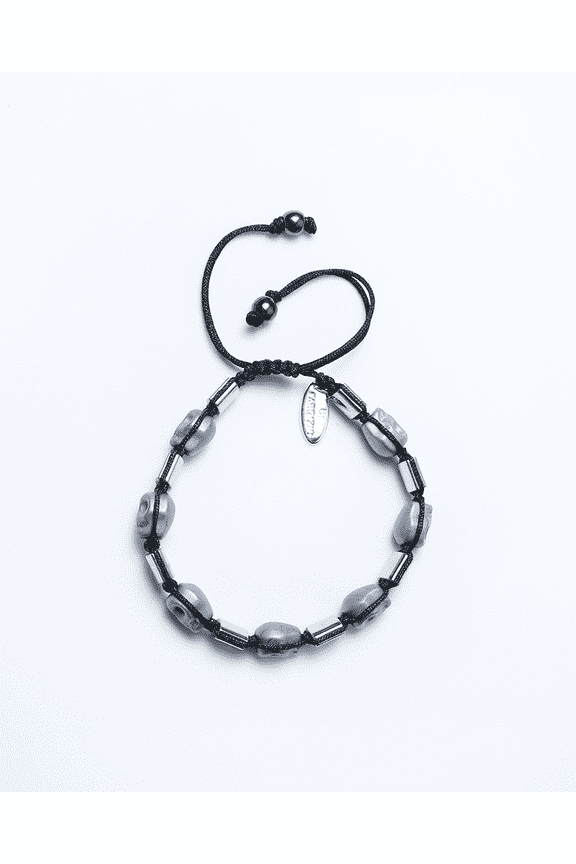 Black Macrame Bracelet in Grey Metallic Skulls with Silver Square Beads and Sphere Beads for Females