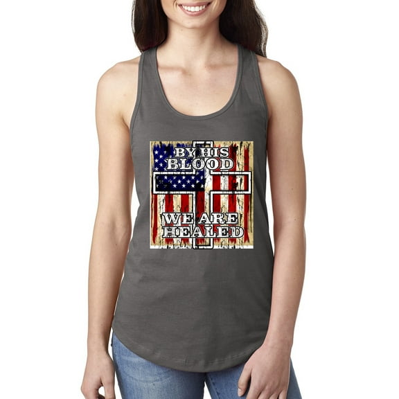 By His Blood We Are Healed Inspirational/Christian Ladies Racerback Tank Top, Dark Grey, Medium