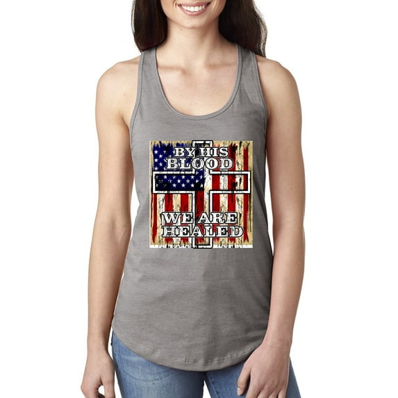 By His Blood We Are Healed Inspirational/Christian Ladies Racerback Tank Top, Heather Grey, Small