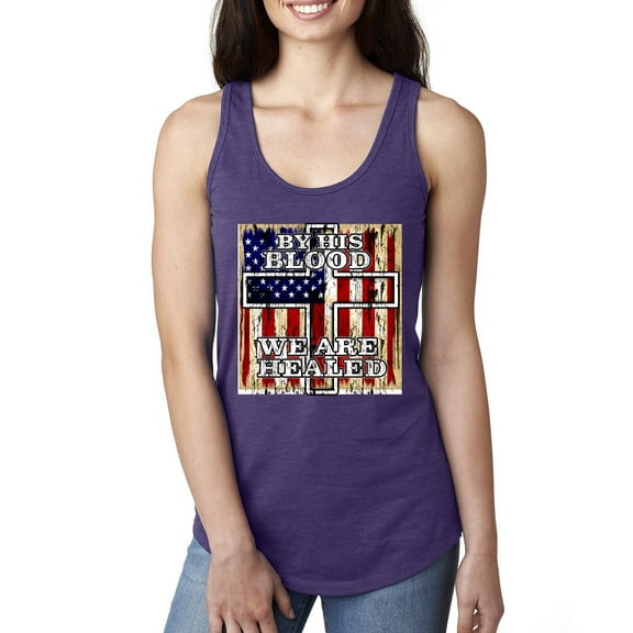By His Blood We Are Healed Inspirational/Christian Ladies Racerback Tank Top, Purple Rush, Medium