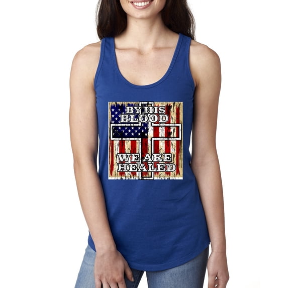 By His Blood We Are Healed Inspirational/Christian Ladies Racerback Tank Top, Royal, Small