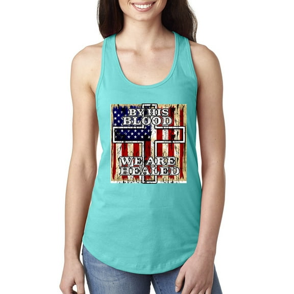 By His Blood We Are Healed Inspirational/Christian Ladies Racerback Tank Top, Tahiti Blue, Medium