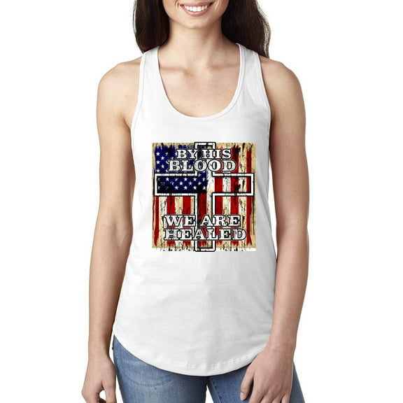 By His Blood We Are Healed Inspirational/Christian Ladies Racerback Tank Top, White, Small