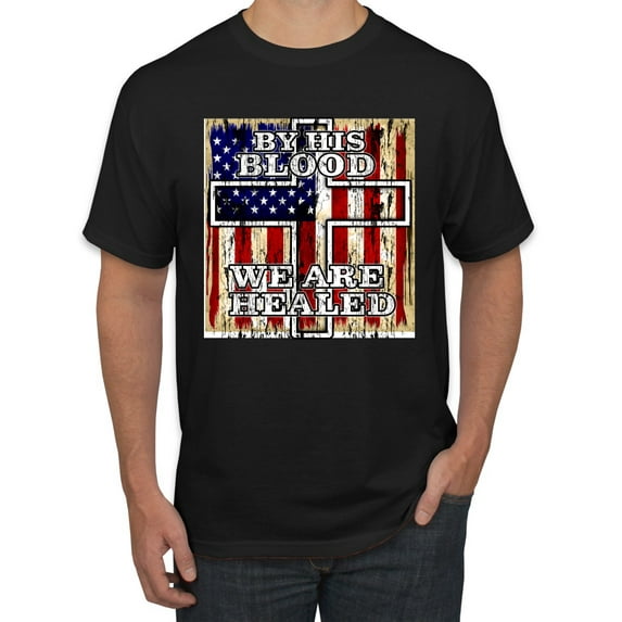 By His Blood We Are Healed Inspirational/Christian Men's Graphic T-Shirt, Black, Medium