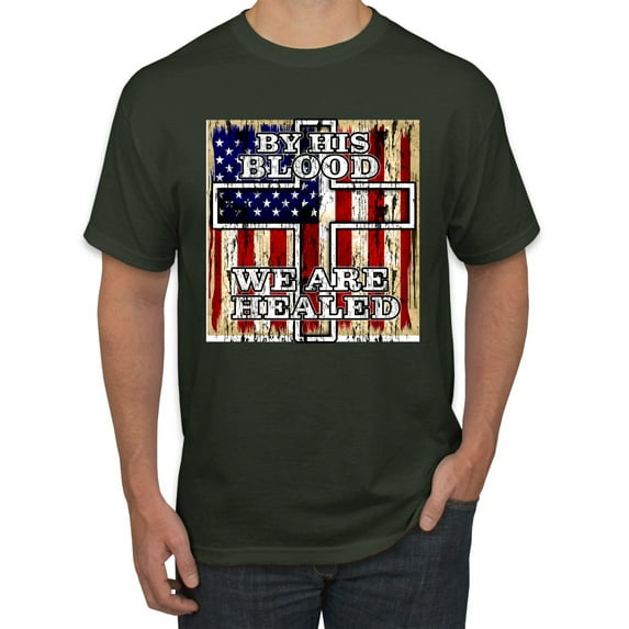 By His Blood We Are Healed Inspirational/Christian Men's Graphic T-Shirt, Forest Green, 3X-Large