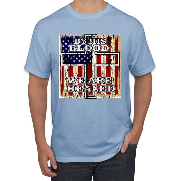 By His Blood We Are Healed Inspirational/Christian Men's Graphic T-Shirt, Light Blue, Small