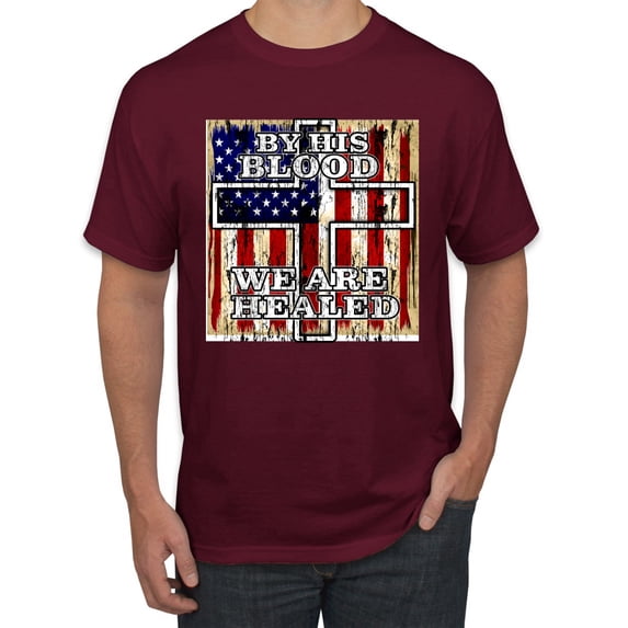 By His Blood We Are Healed Inspirational/Christian Men's Graphic T-Shirt, Maroon, 3X-Large