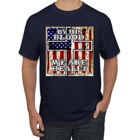 By His Blood We Are Healed Inspirational/Christian Men's Graphic T-Shirt, Navy, Small
