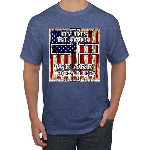 By His Blood We Are Healed Inspirational/Christian Men's Graphic T-Shirt, Vintage Heather Blue, Small