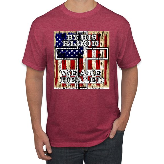 By His Blood We Are Healed Inspirational/Christian Men's Graphic T-Shirt, Vintage Heather Red, Small