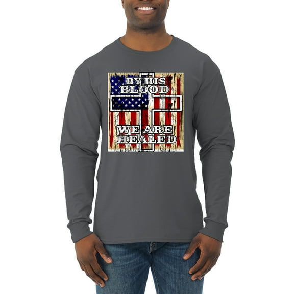 By His Blood We Are Healed Inspirational/Christian Mens Long Sleeve Shirt, Charcoal, Medium
