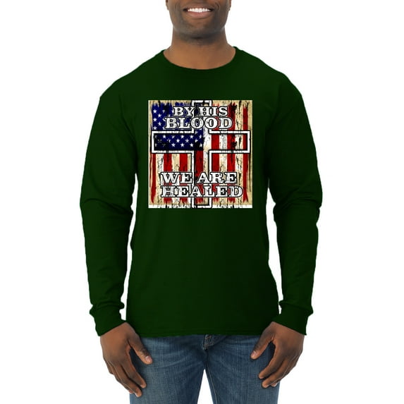 By His Blood We Are Healed Inspirational/Christian Mens Long Sleeve Shirt, Forest Green, Small