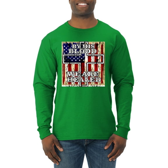By His Blood We Are Healed Inspirational/Christian Mens Long Sleeve Shirt, Kelly, Medium