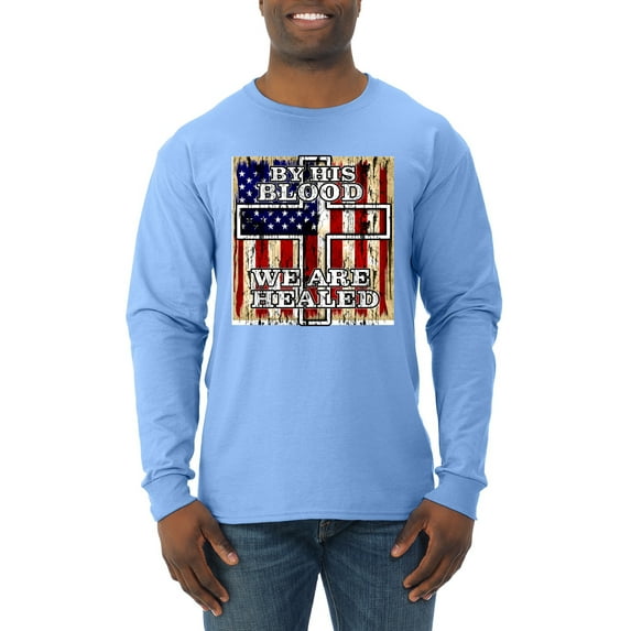 By His Blood We Are Healed Inspirational/Christian Mens Long Sleeve Shirt, Light Blue, XX-Large