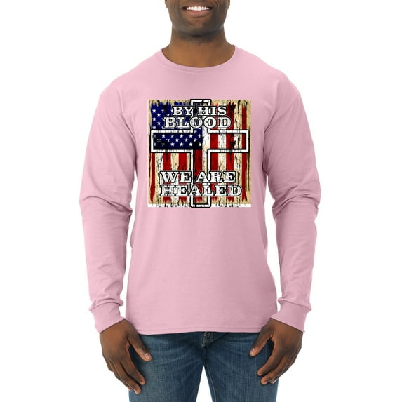 By His Blood We Are Healed Inspirational/Christian Mens Long Sleeve Shirt, Light Pink, 3X-Large