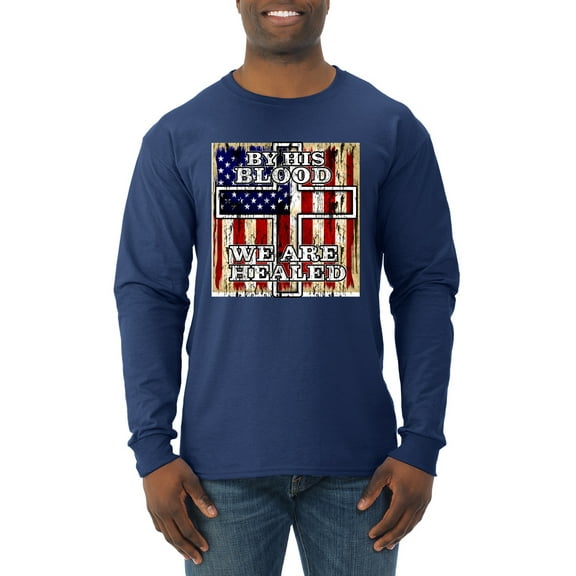 By His Blood We Are Healed Inspirational/Christian Mens Long Sleeve Shirt, Navy, Large