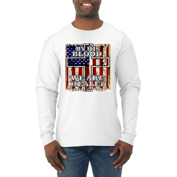 By His Blood We Are Healed Inspirational/Christian Mens Long Sleeve Shirt, White, Small