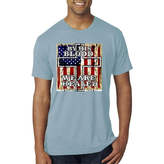 By His Blood We Are Healed Inspirational/Christian Mens Premium Tri Blend T-Shirt, Denim, X-Large