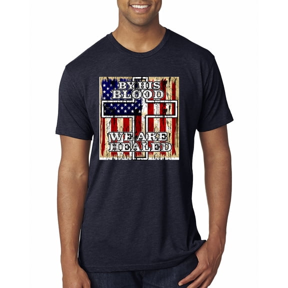 By His Blood We Are Healed Inspirational/Christian Mens Premium Tri Blend T-Shirt, Vintage Navy, Medium